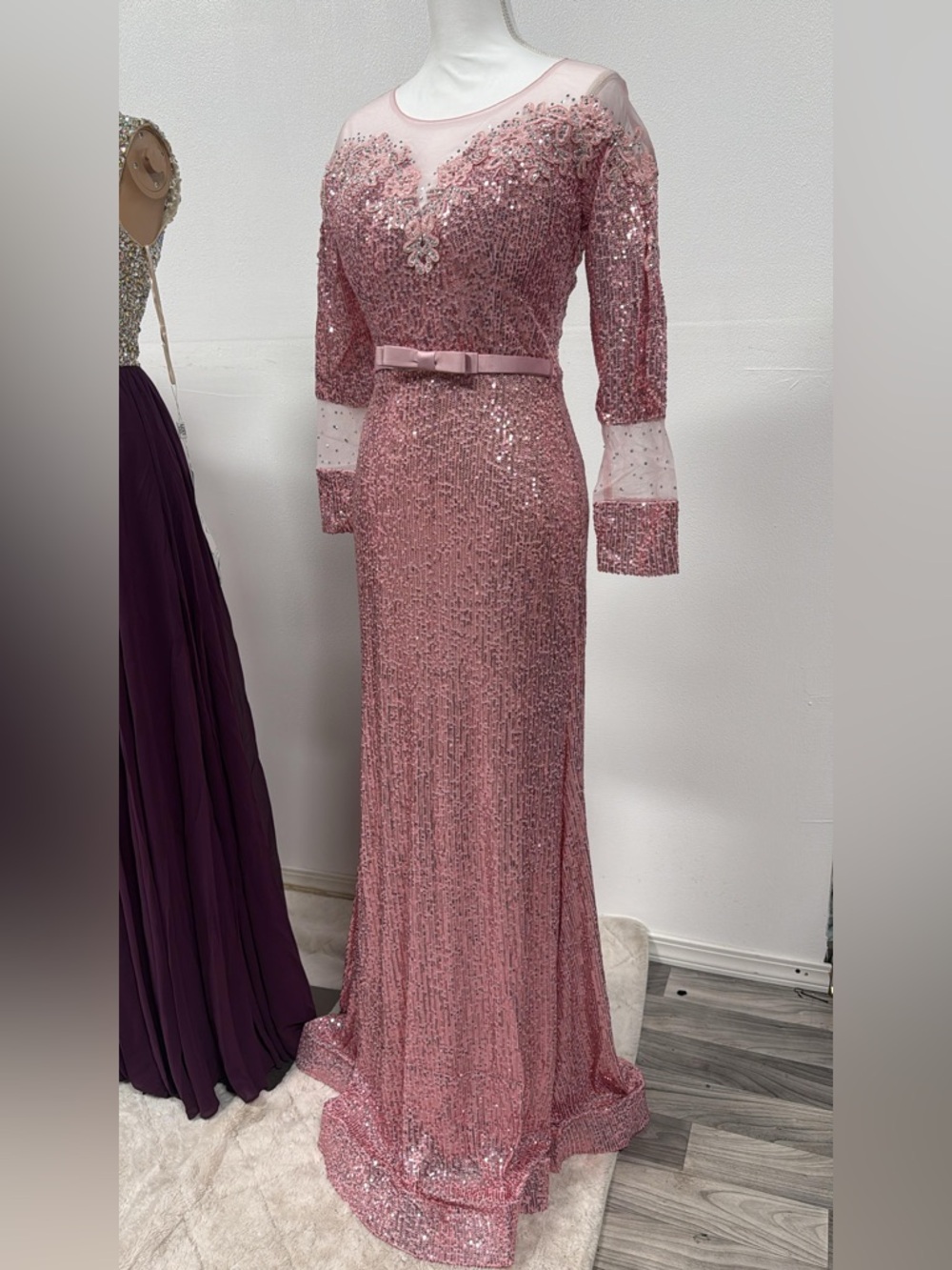 Elegant Sequin Pink Evening Gown with Sheer Cuff Details